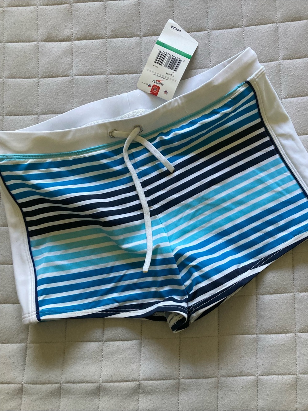 Speedo Men's Blue Striped Swim Trunks - White Waistband